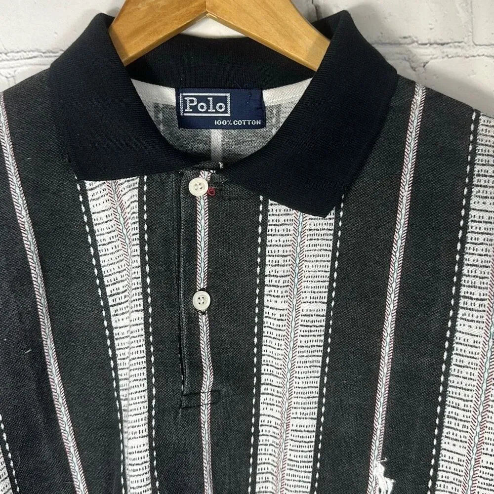 Vintage Polo Ralph Lauren Polo Shirt XL Striped‎ Black 100% Cotton READ DESCRIP